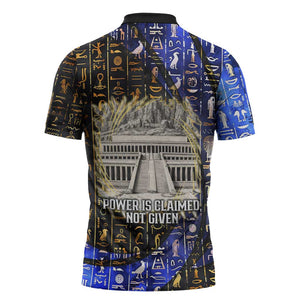 Hatshepsut Zipper Polo Shirt with Queen King Portrait, Temple Illustration and Blue-Gold Hieroglyphic - African Pride