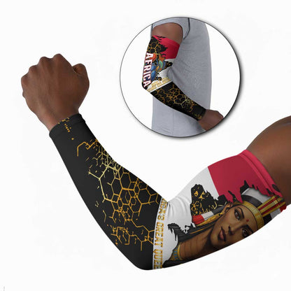 Hatshepsut Arm Sleeves with Royal Portrait, Pre-Colonial Empires Text and Red-Black Honeycomb - African Pride