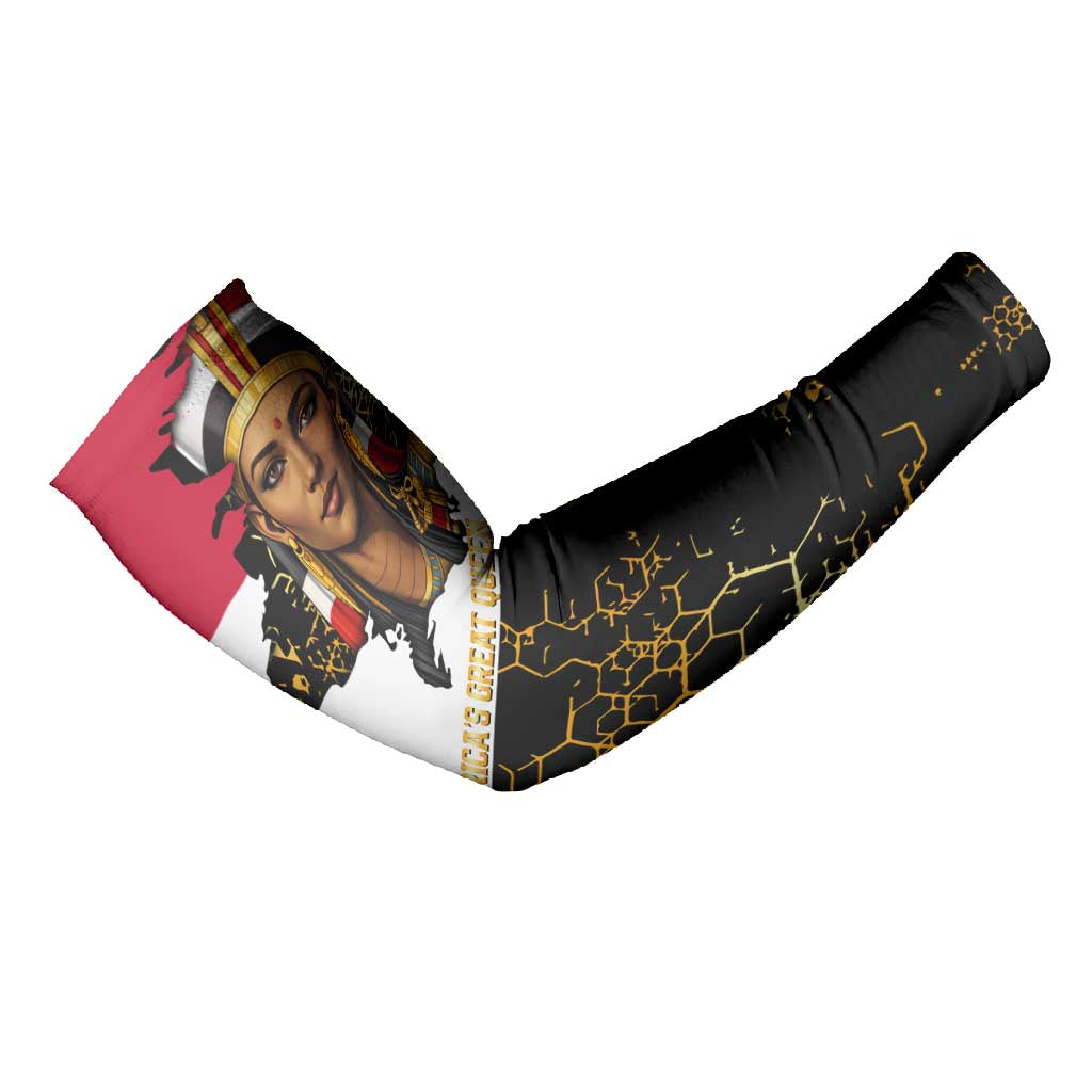 Hatshepsut Arm Sleeves with Royal Portrait, Pre-Colonial Empires Text and Red-Black Honeycomb - African Pride