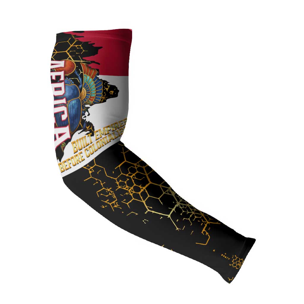 Hatshepsut Arm Sleeves with Royal Portrait, Pre-Colonial Empires Text and Red-Black Honeycomb - African Pride