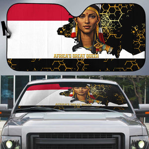 Hatshepsut Auto Sun Shade with Royal Portrait, Pre-Colonial Empires Text and Red-Black Honeycomb - African Pride