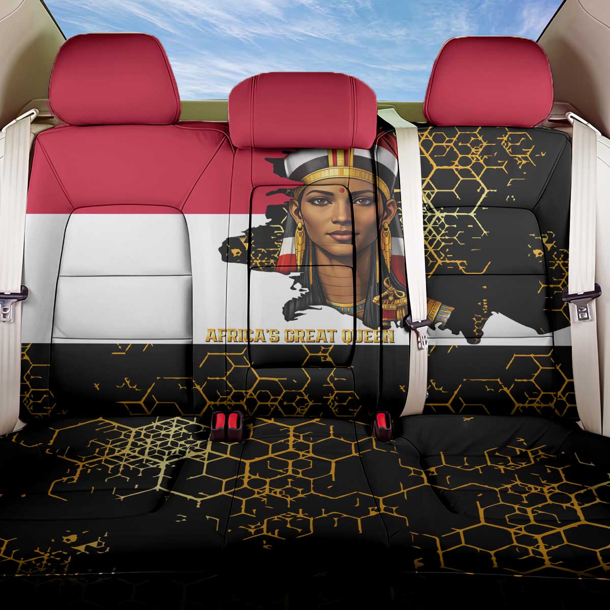 Hatshepsut Back Car Seat Cover with Royal Portrait, Pre-Colonial Empires Text and Red-Black Honeycomb - African Pride