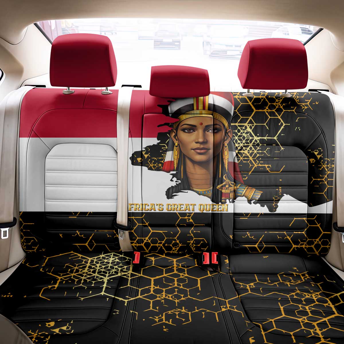 Hatshepsut Back Car Seat Cover with Royal Portrait, Pre-Colonial Empires Text and Red-Black Honeycomb - African Pride