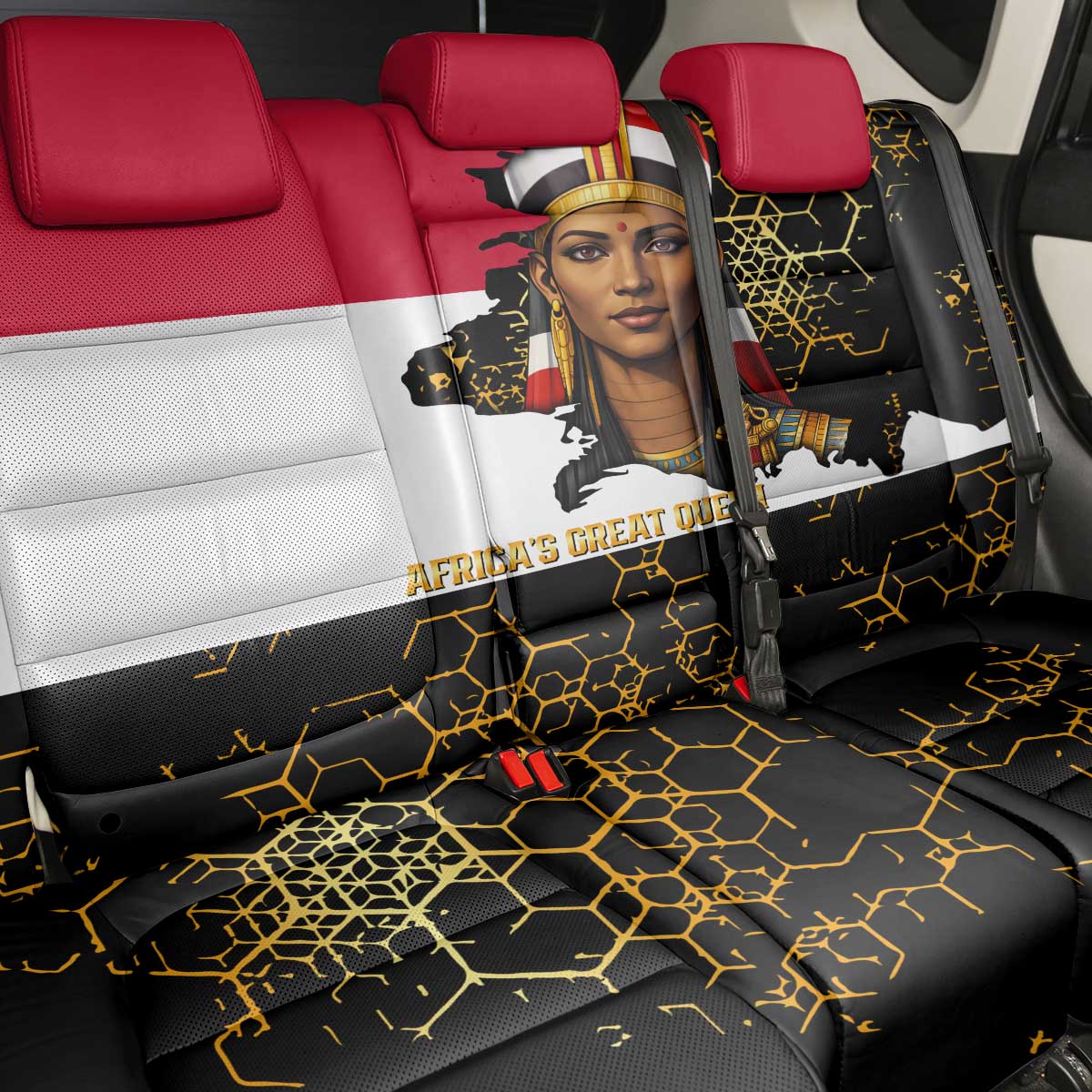 Hatshepsut Back Car Seat Cover with Royal Portrait, Pre-Colonial Empires Text and Red-Black Honeycomb - African Pride