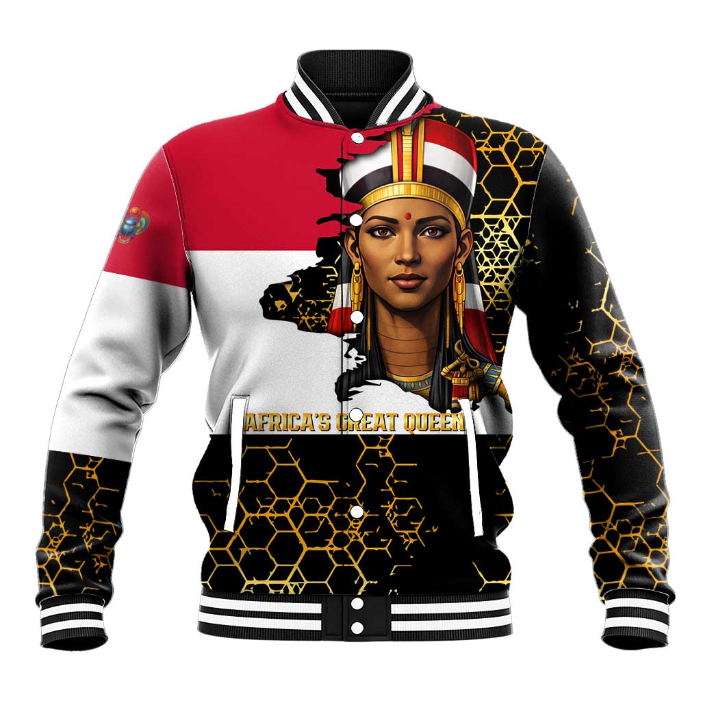 Hatshepsut Baseball Jacket with Royal Portrait, Pre-Colonial Empires Text and Red-Black Honeycomb - African Pride