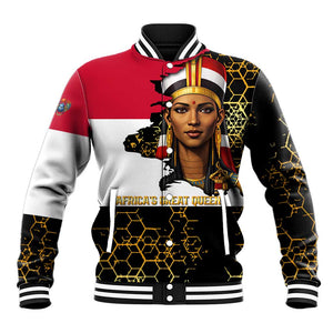 Hatshepsut Baseball Jacket with Royal Portrait, Pre-Colonial Empires Text and Red-Black Honeycomb - African Pride