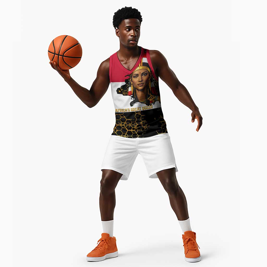 Hatshepsut Basketball Jersey with Royal Portrait, Pre-Colonial Empires Text and Red-Black Honeycomb - African Pride