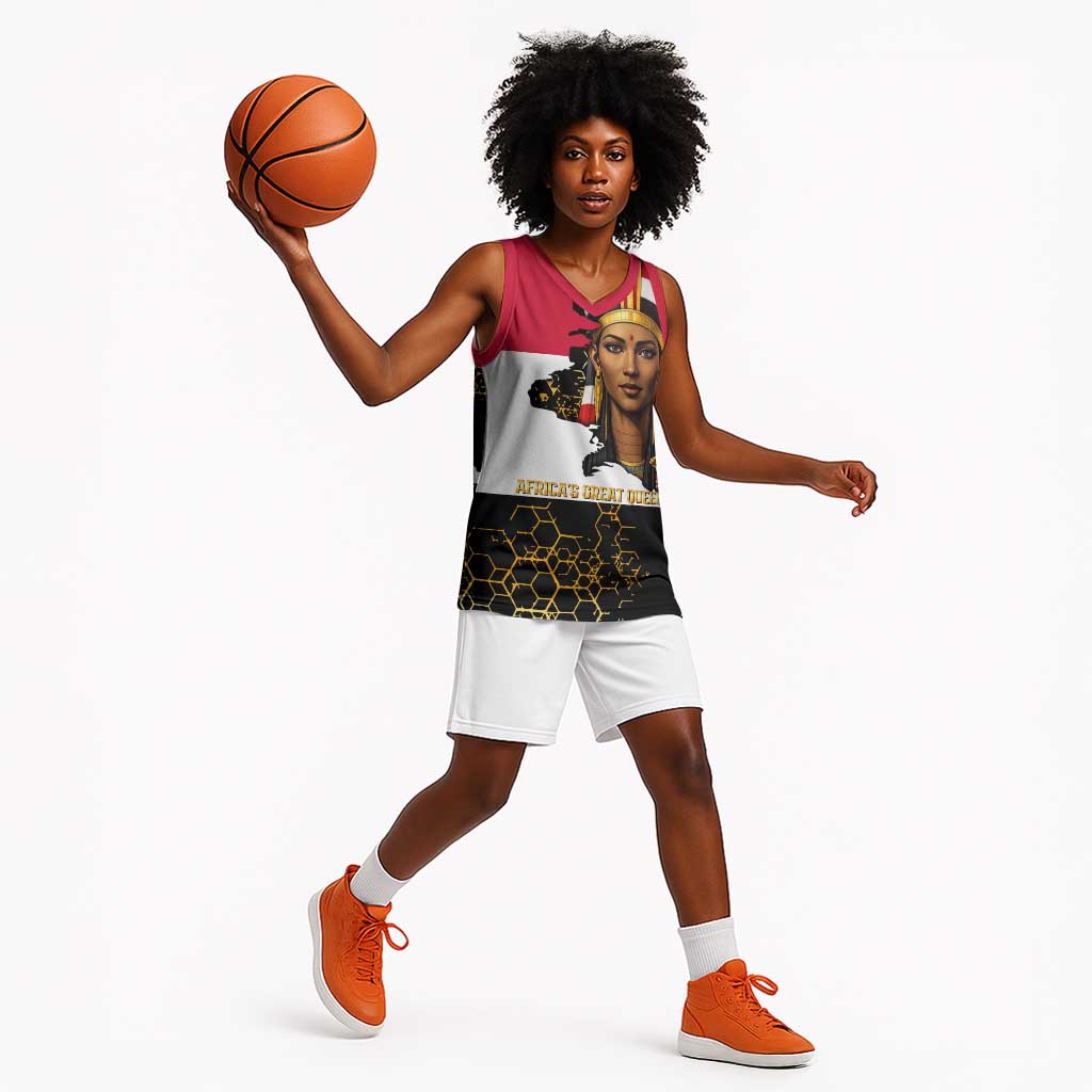 Hatshepsut Basketball Jersey with Royal Portrait, Pre-Colonial Empires Text and Red-Black Honeycomb - African Pride