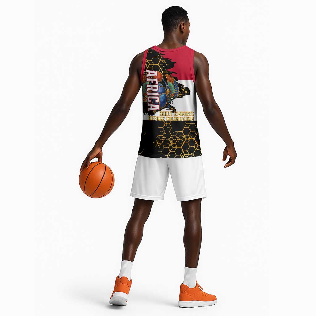 Hatshepsut Basketball Jersey with Royal Portrait, Pre-Colonial Empires Text and Red-Black Honeycomb - African Pride