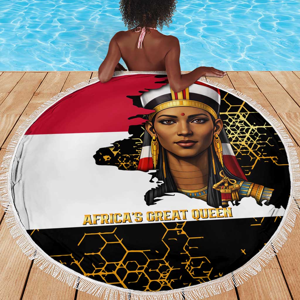 Hatshepsut Beach Blanket with Royal Portrait, Pre-Colonial Empires Text and Red-Black Honeycomb - African Pride