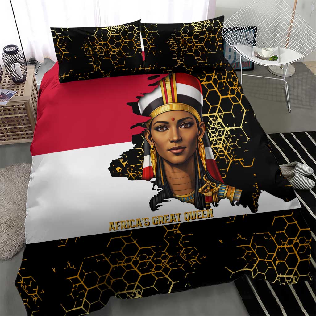 Hatshepsut Bedding Set with Royal Portrait, Pre-Colonial Empires Text and Red-Black Honeycomb - African Pride