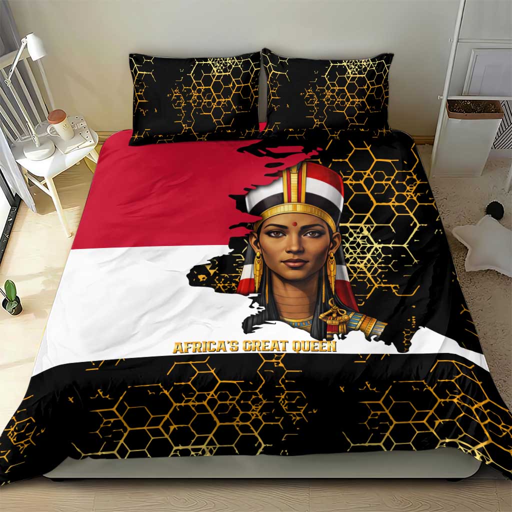 Hatshepsut Bedding Set with Royal Portrait, Pre-Colonial Empires Text and Red-Black Honeycomb - African Pride