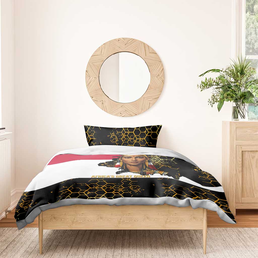 Hatshepsut Bedding Set with Royal Portrait, Pre-Colonial Empires Text and Red-Black Honeycomb - African Pride