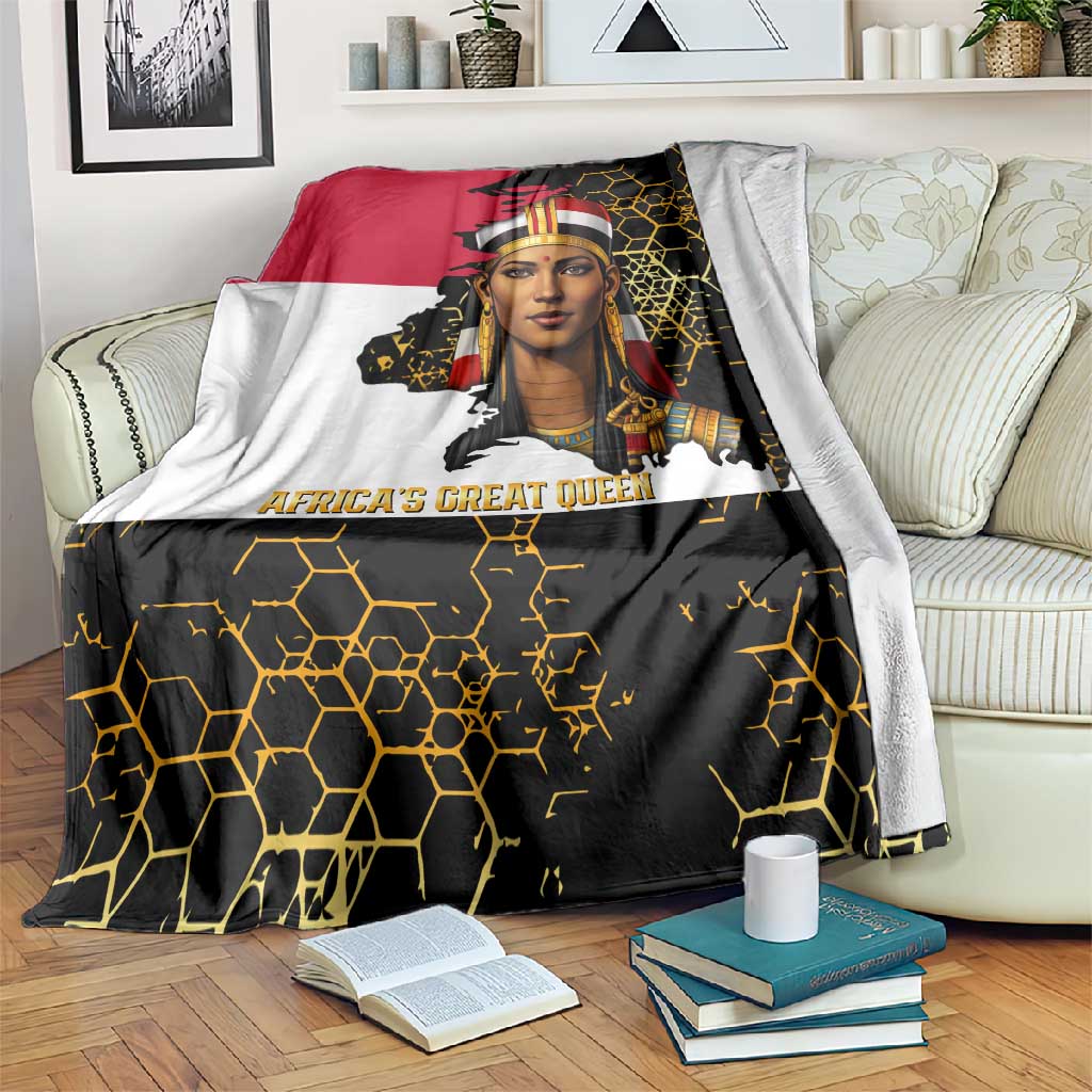 Hatshepsut Blanket with Royal Portrait, Pre-Colonial Empires Text and Red-Black Honeycomb - African Pride