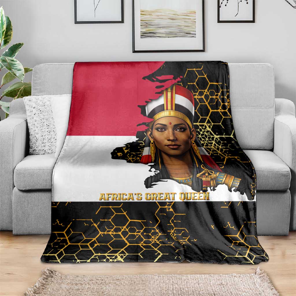 Hatshepsut Blanket with Royal Portrait, Pre-Colonial Empires Text and Red-Black Honeycomb - African Pride