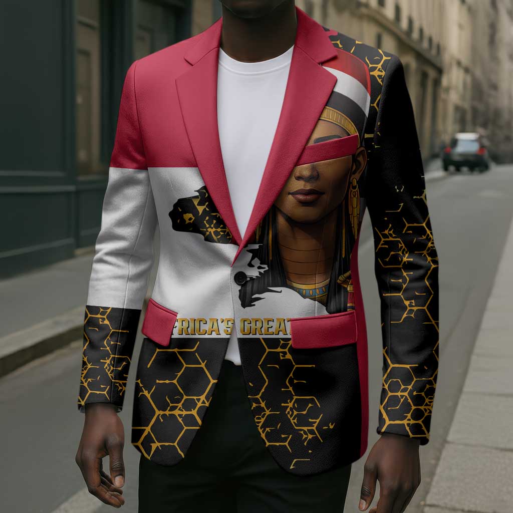 Hatshepsut Blazer with Royal Portrait, Pre-Colonial Empires Text and Red-Black Honeycomb - African Pride