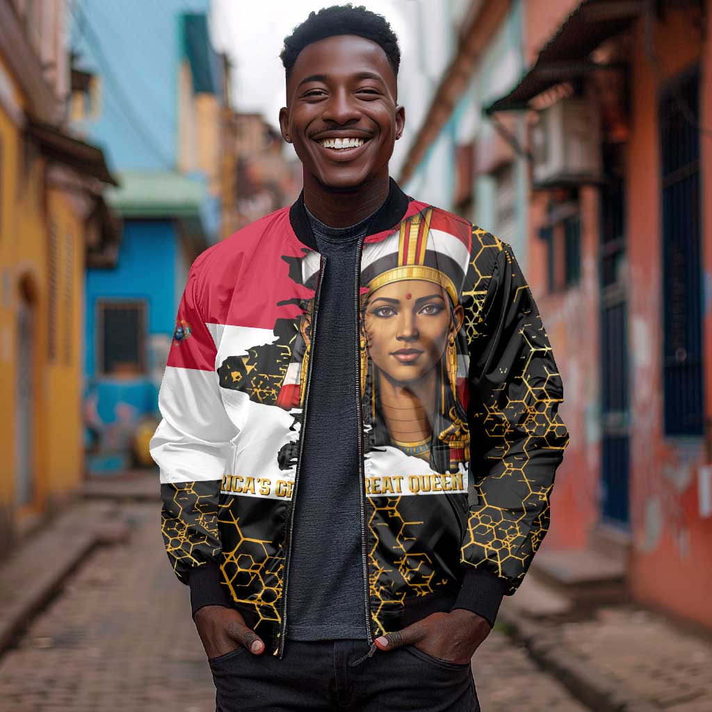 Hatshepsut Bomber Jacket with Royal Portrait, Pre-Colonial Empires Text and Red-Black Honeycomb - African Pride