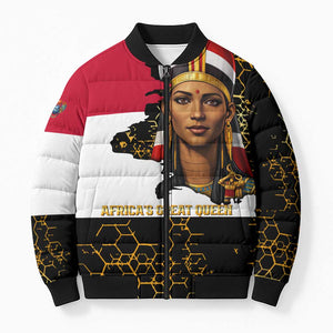 Hatshepsut Bomber Puffer Jacket with Royal Portrait, Pre-Colonial Empires Text and Red-Black Honeycomb - African Pride