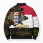 Hatshepsut Bomber Puffer Jacket with Royal Portrait, Pre-Colonial Empires Text and Red-Black Honeycomb - African Pride