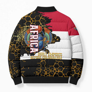 Hatshepsut Bomber Puffer Jacket with Royal Portrait, Pre-Colonial Empires Text and Red-Black Honeycomb - African Pride