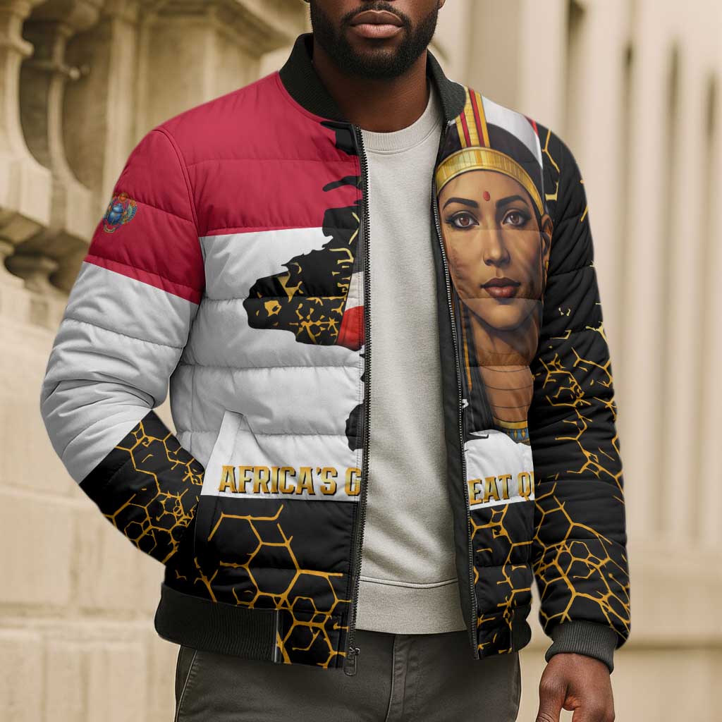 Hatshepsut Bomber Puffer Jacket with Royal Portrait, Pre-Colonial Empires Text and Red-Black Honeycomb - African Pride