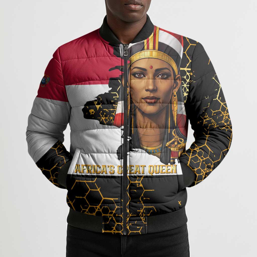 Hatshepsut Bomber Puffer Jacket with Royal Portrait, Pre-Colonial Empires Text and Red-Black Honeycomb - African Pride
