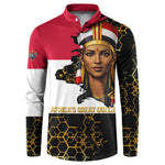 Hatshepsut Button Sweatshirt with Royal Portrait, Pre-Colonial Empires Text and Red-Black Honeycomb
