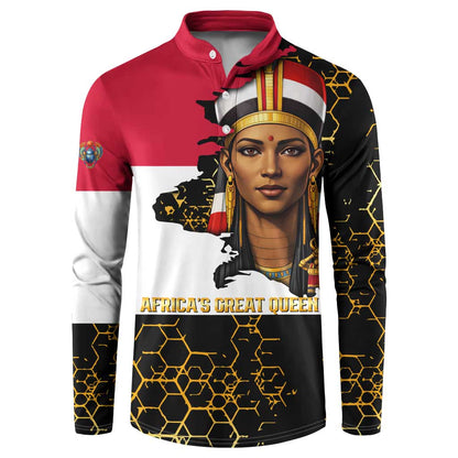 Hatshepsut Button Sweatshirt with Royal Portrait, Pre-Colonial Empires Text and Red-Black Honeycomb