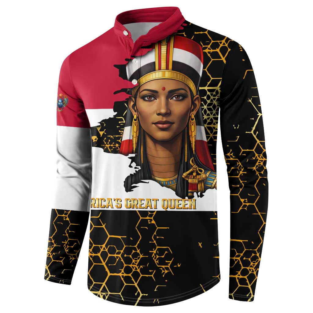 Hatshepsut Button Sweatshirt with Royal Portrait, Pre-Colonial Empires Text and Red-Black Honeycomb