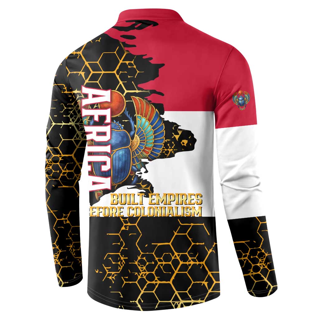 Hatshepsut Button Sweatshirt with Royal Portrait, Pre-Colonial Empires Text and Red-Black Honeycomb
