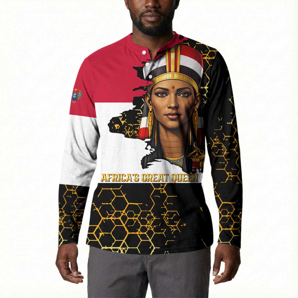 Hatshepsut Button Sweatshirt with Royal Portrait, Pre-Colonial Empires Text and Red-Black Honeycomb