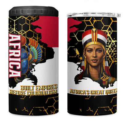 Hatshepsut 4 in 1 Can Cooler Tumbler with Royal Portrait, Pre-Colonial Empires Text and Red-Black Honeycomb - African Pride