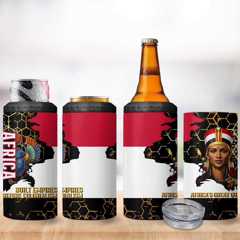 Hatshepsut 4 in 1 Can Cooler Tumbler with Royal Portrait, Pre-Colonial Empires Text and Red-Black Honeycomb - African Pride