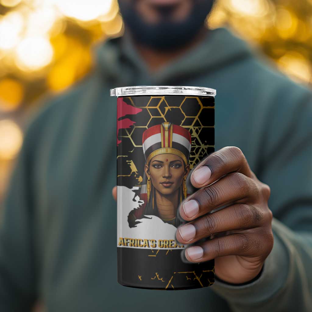 Hatshepsut 4 in 1 Can Cooler Tumbler with Royal Portrait, Pre-Colonial Empires Text and Red-Black Honeycomb - African Pride