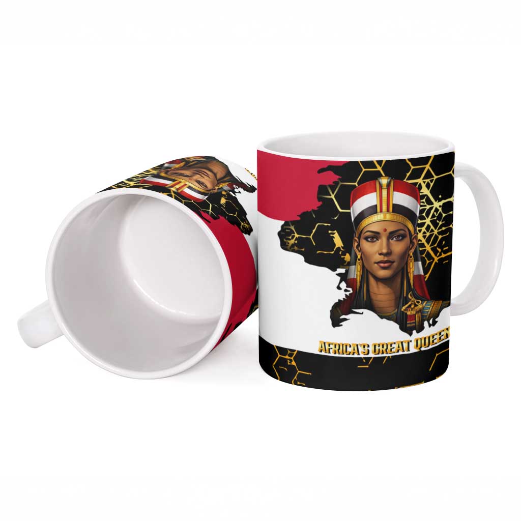 Hatshepsut Ceramic Mug with Royal Portrait, Pre-Colonial Empires Text and Red-Black Honeycomb - African Pride