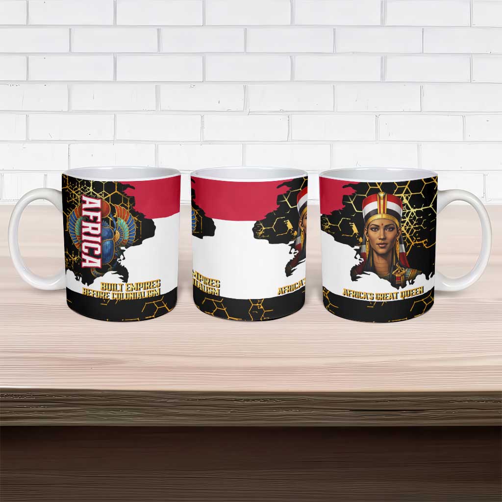 Hatshepsut Ceramic Mug with Royal Portrait, Pre-Colonial Empires Text and Red-Black Honeycomb - African Pride