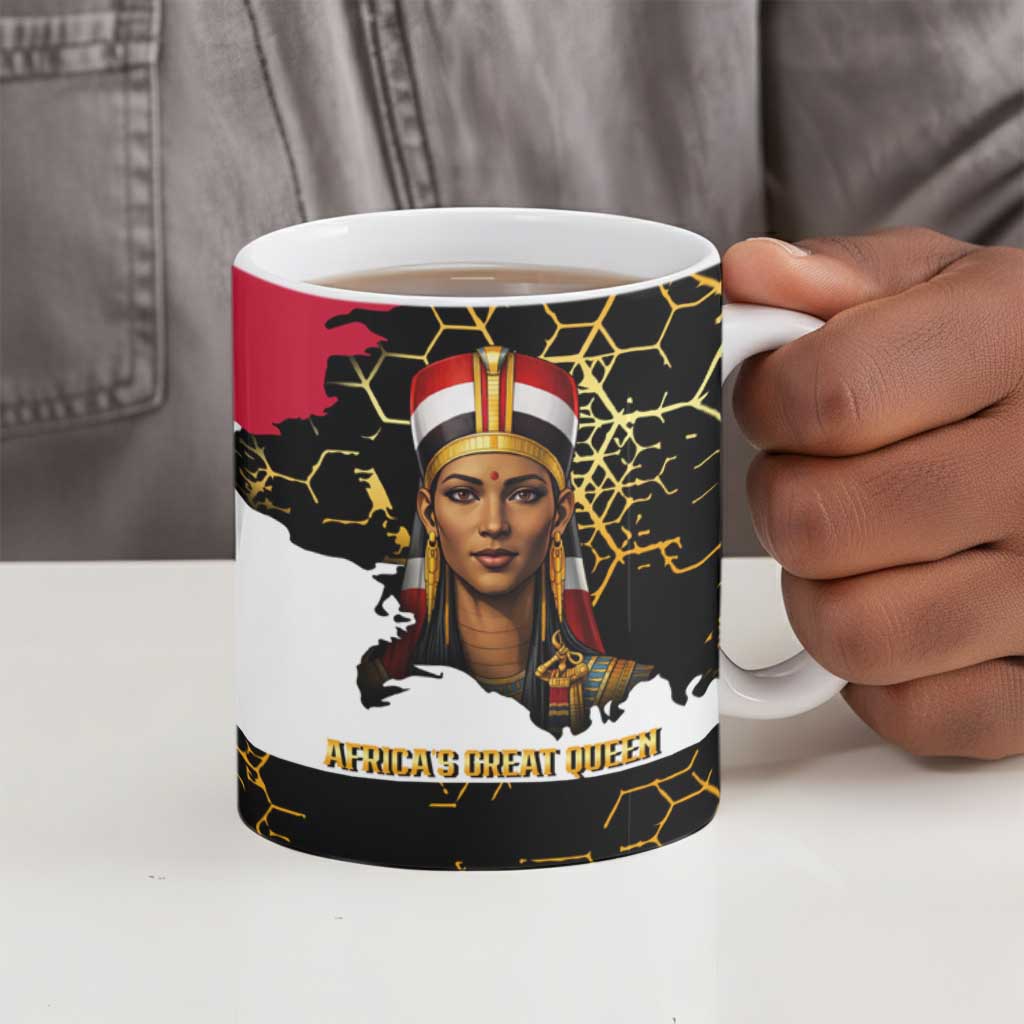 Hatshepsut Ceramic Mug with Royal Portrait, Pre-Colonial Empires Text and Red-Black Honeycomb - African Pride