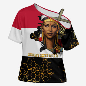 Hatshepsut Cross Shoulder Shirt with Royal Portrait, Pre-Colonial Empires Text and Red-Black Honeycomb - African Pride