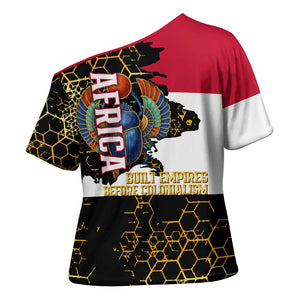 Hatshepsut Cross Shoulder Shirt with Royal Portrait, Pre-Colonial Empires Text and Red-Black Honeycomb - African Pride