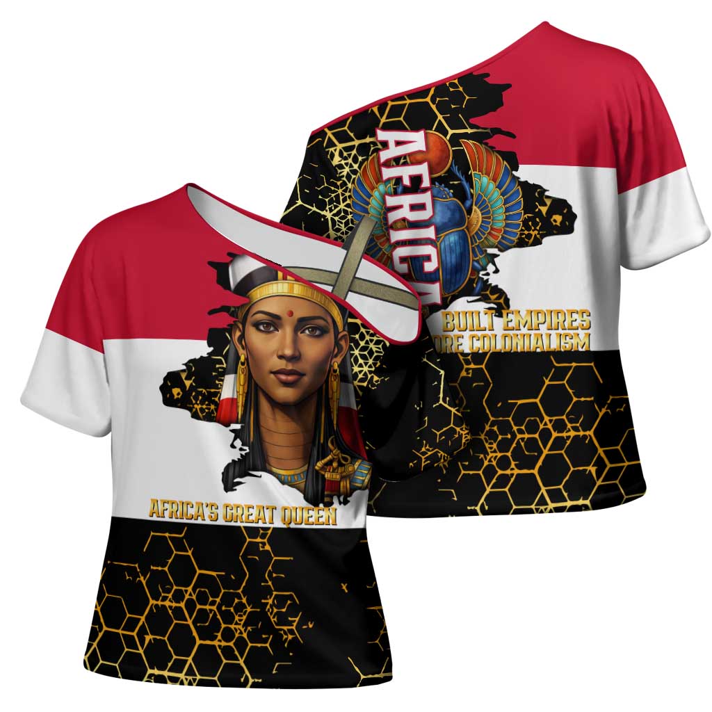 Hatshepsut Cross Shoulder Shirt with Royal Portrait, Pre-Colonial Empires Text and Red-Black Honeycomb - African Pride