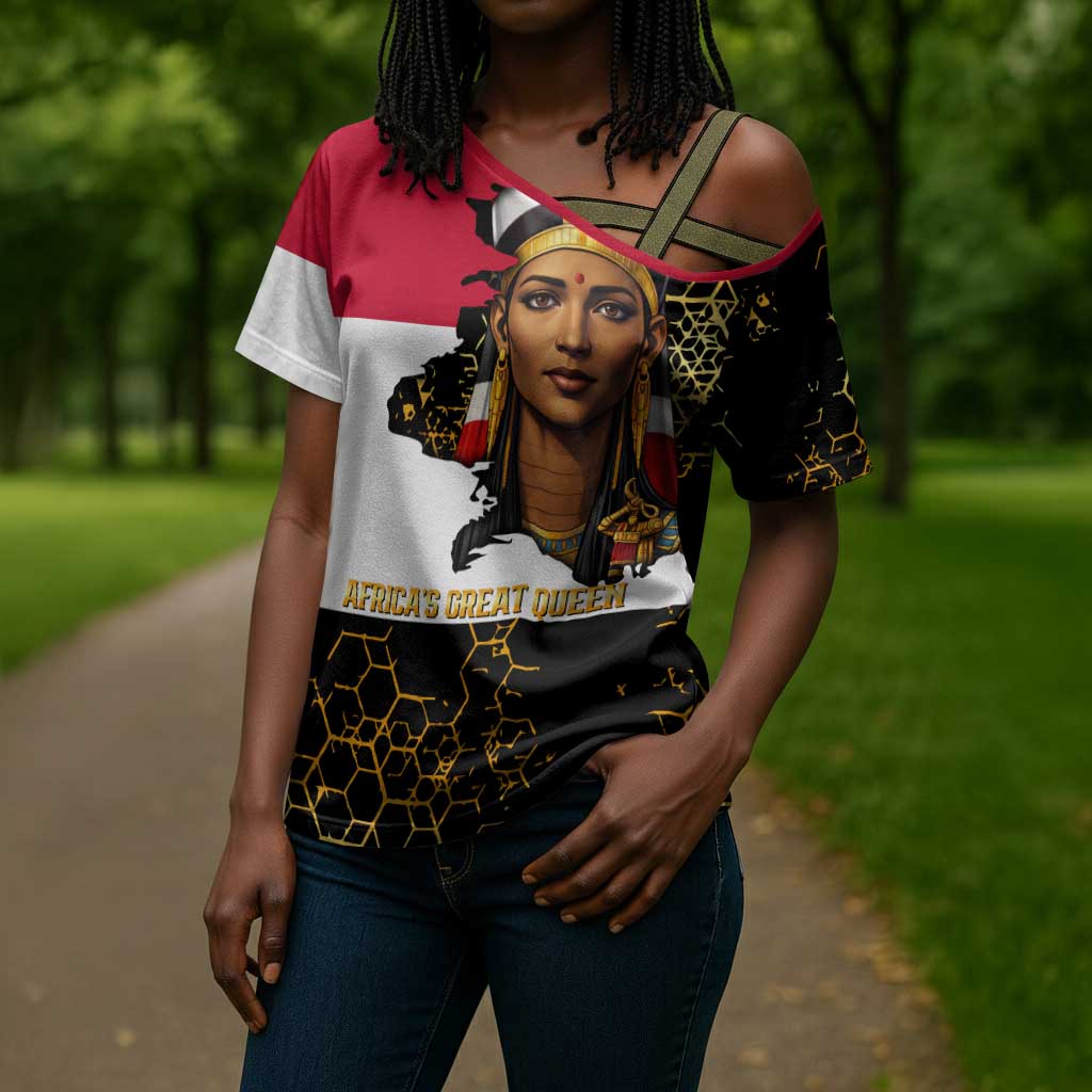 Hatshepsut Cross Shoulder Shirt with Royal Portrait, Pre-Colonial Empires Text and Red-Black Honeycomb - African Pride