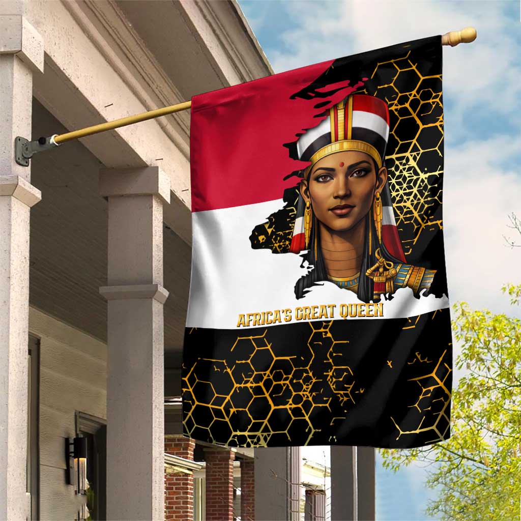 Hatshepsut Garden Flag with Royal Portrait, Pre-Colonial Empires Text and Red-Black Honeycomb - African Pride