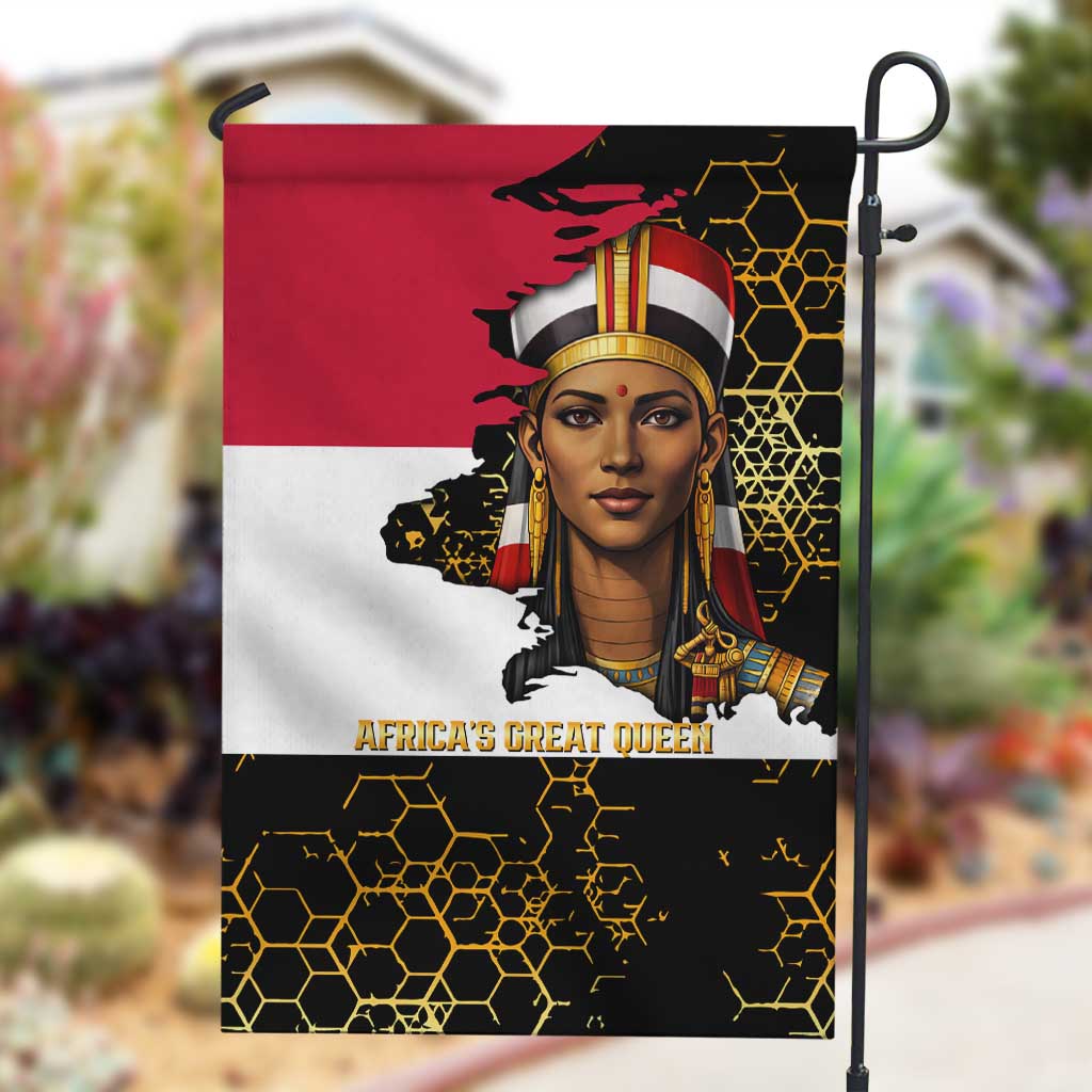 Hatshepsut Garden Flag with Royal Portrait, Pre-Colonial Empires Text and Red-Black Honeycomb - African Pride