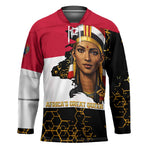 Hatshepsut Hockey Jersey with Royal Portrait, Pre-Colonial Empires Text and Red-Black Honeycomb - African Pride
