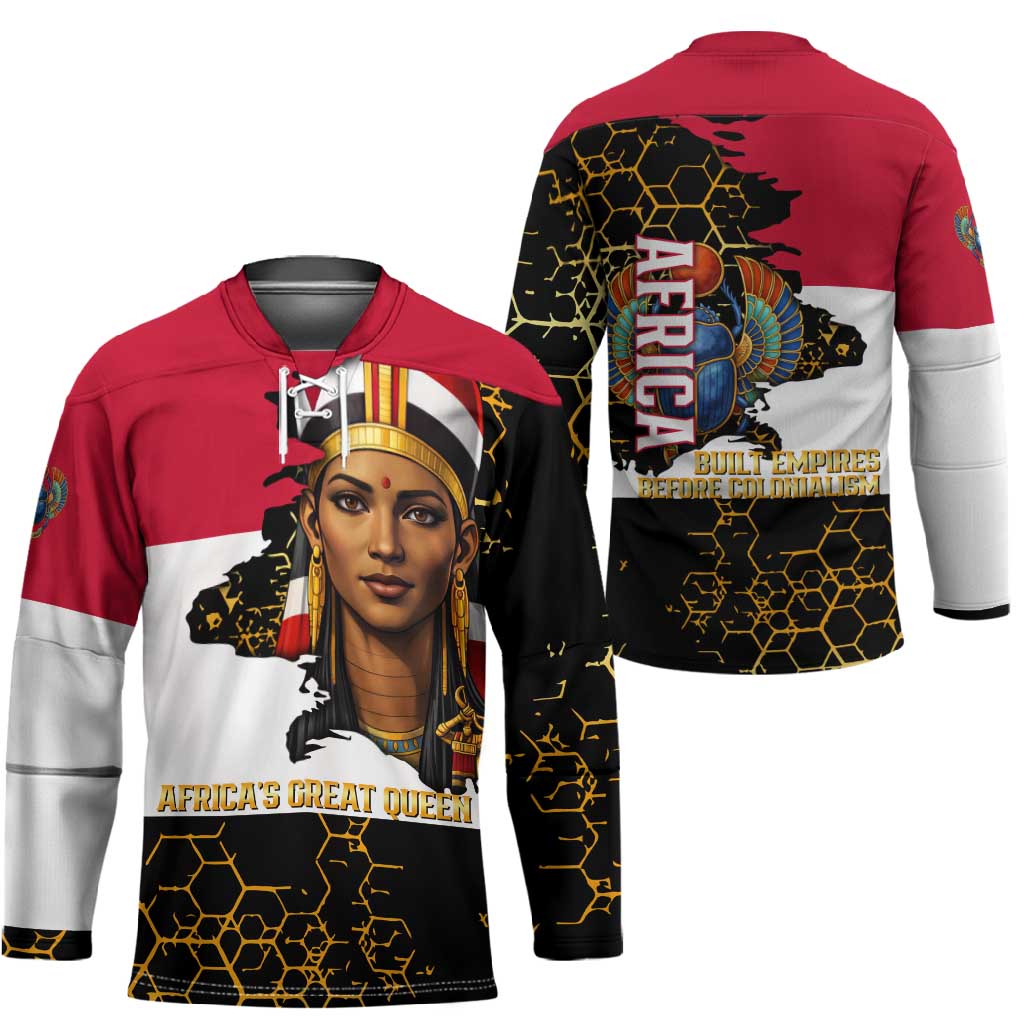 Hatshepsut Hockey Jersey with Royal Portrait, Pre-Colonial Empires Text and Red-Black Honeycomb - African Pride