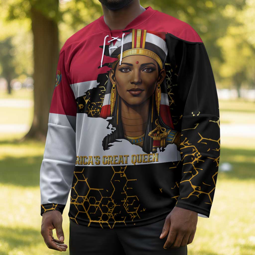 Hatshepsut Hockey Jersey with Royal Portrait, Pre-Colonial Empires Text and Red-Black Honeycomb - African Pride
