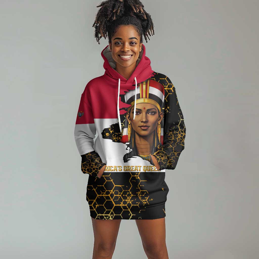 Hatshepsut Hoodie Dress with Royal Portrait, Pre-Colonial Empires Text and Red-Black Honeycomb - African Pride