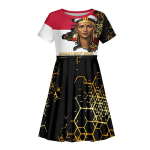 Hatshepsut Kid Short Sleeve Dress with Royal Portrait, Pre-Colonial Empires Text and Red-Black Honeycomb - African Pride