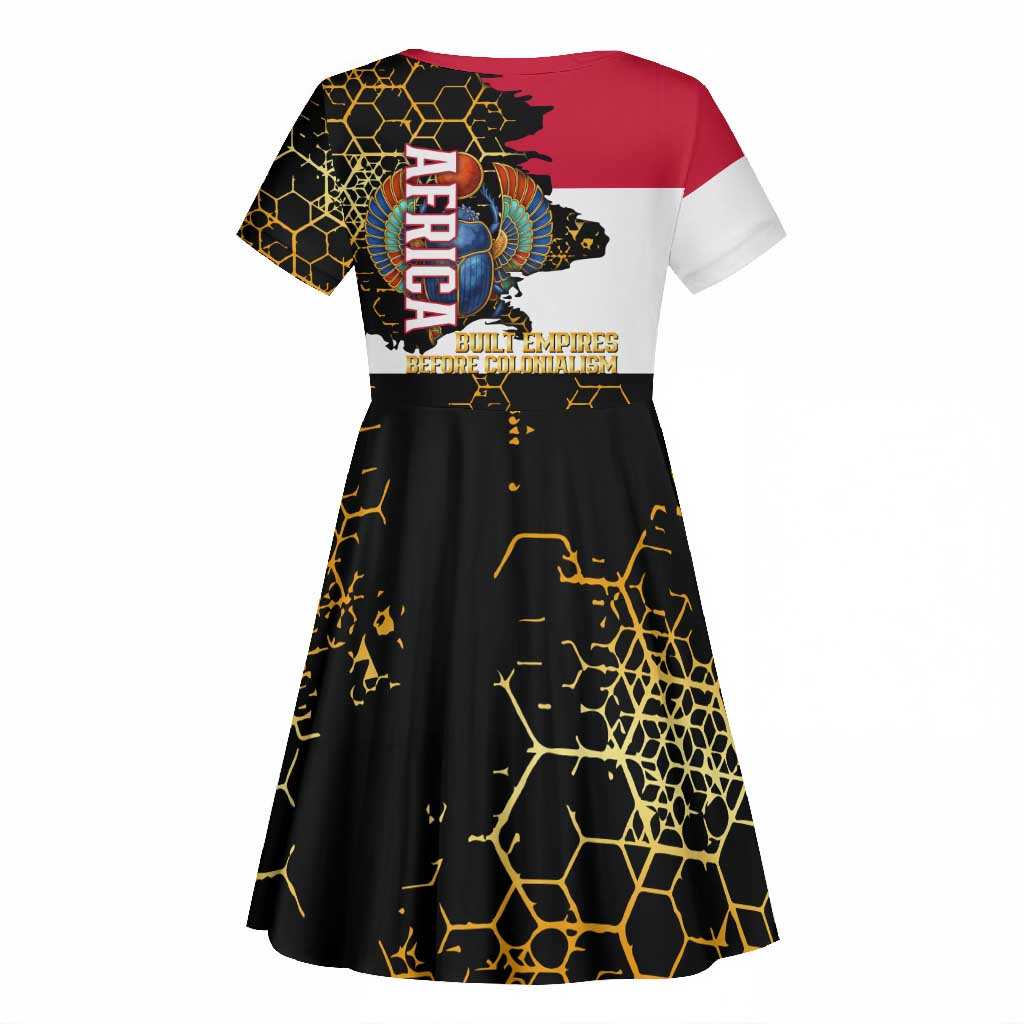Hatshepsut Kid Short Sleeve Dress with Royal Portrait, Pre-Colonial Empires Text and Red-Black Honeycomb - African Pride