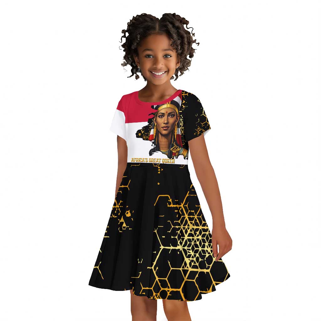 Hatshepsut Kid Short Sleeve Dress with Royal Portrait, Pre-Colonial Empires Text and Red-Black Honeycomb - African Pride